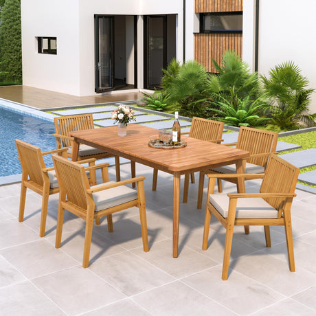 Christopher Knight Home Peggy Acacia Wood Patio Dining Set for 6, Acacia Wood Outdoor Dining Table Set for 6, 7 Piece Outdoor Dining Armchair Set with Rectangular Table and Cushion, Teak+Beige Christopher Knight Home