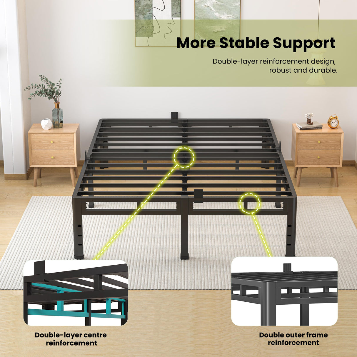 NKZ King Size Bed Frame 16 Inch, Metal Bed Frame & Box Spring 2 in 1 Platform with Round Corner Legs, 4000lbs Weight Capacity Reinforced Metal Frame, Headboard Hole, Noise-Free, Easy Assembly NKZ