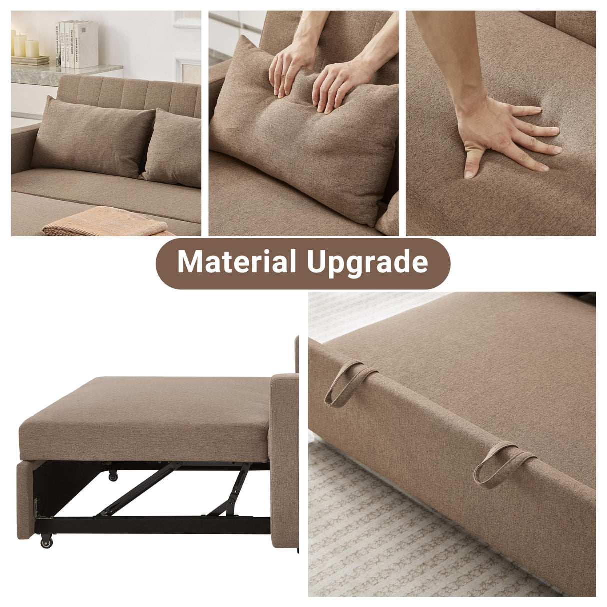 N NOORDENIYA 55.5" Fabric Convertible Sofa Bed, Pull Out Sleeper Sofa Bed, Loveseat Couch with Side Pocket, 3 in 1 Convertible Sleeper Sofa Bed for Living Room, Apartment, Bedroom, RV, Brown N NOORDENIYA