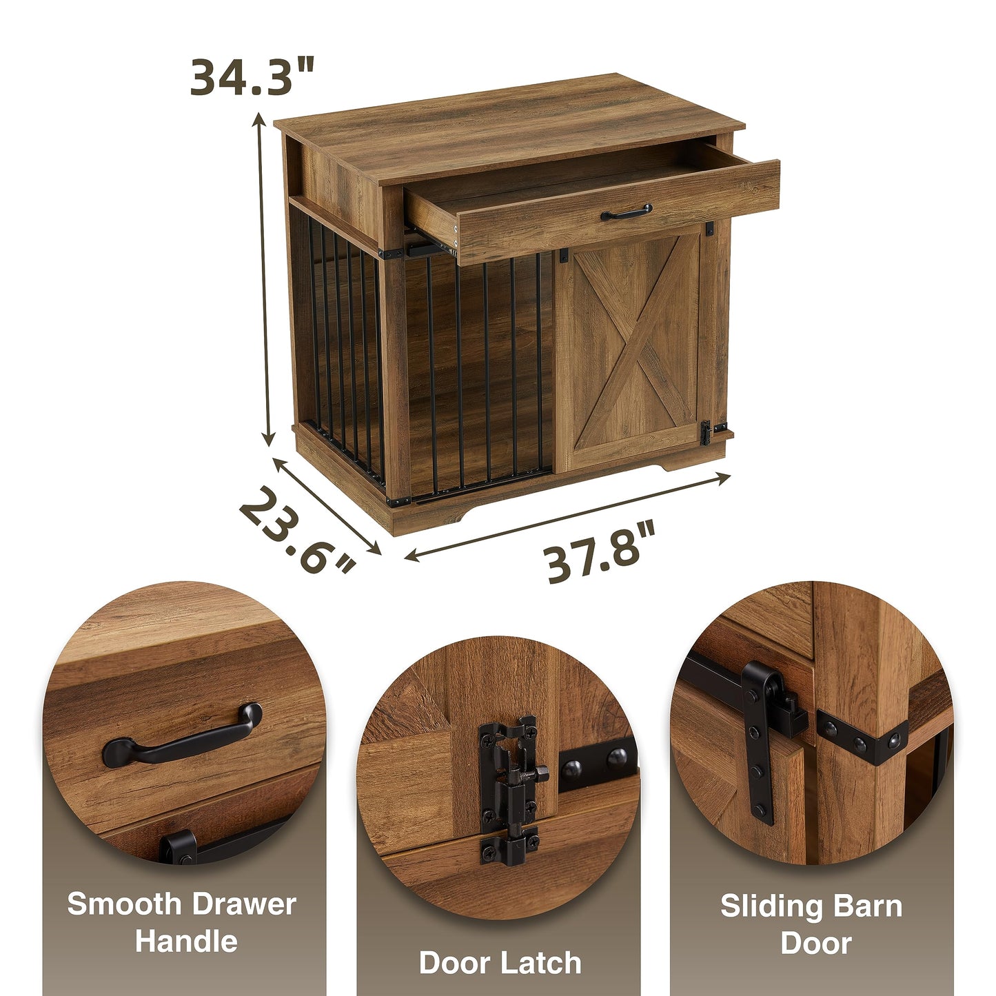 EDYO LIVING 38" Large Dog Crate Furniture with Sliding Barn Door, Wooden Dog Kennel with Drawer for Storage, Water Resistant Indoor Furniture Style Dog Crate for Small/Medium/Large Dog, Rusti - WoodArtSupply