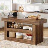 Tribesigns 55-Inch Kitchen Island with Storage, Farmhouse 3-Tier Stationary Island Table with Large Countertop, Wooden Coffee Bar Table Storage Cabinet for Kitchen, Dining Room, Living Room, Brown Tribesigns