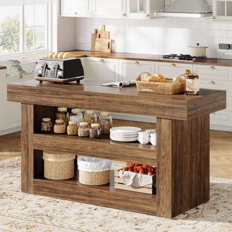Tribesigns 55-Inch Kitchen Island with Storage, Farmhouse 3-Tier Stationary Island Table with Large Countertop, Wooden Coffee Bar Table Storage Cabinet for Kitchen, Dining Room, Living Room, Brown Tribesigns