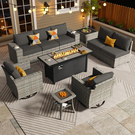 ovios 10 Pieces Patio Furniture Set, Outdoor Wicker Sectional Sofa with 54" Fire Pit Table Swivel Chairs, Modern Modular Deep Seat Rattan Couch Conversation Sets, Black ovios