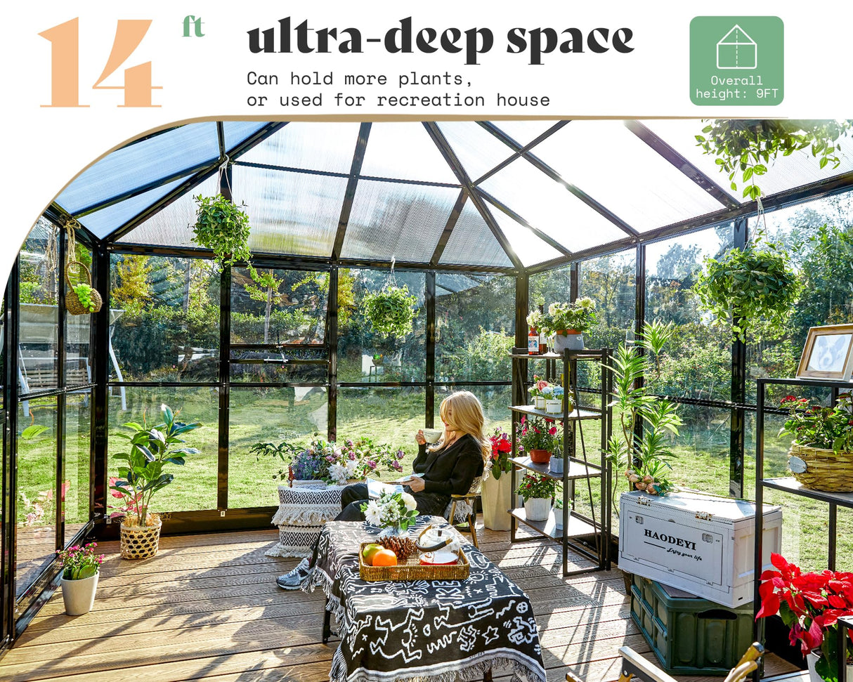 AMERLIFE 14x9.5x9 FT Hybrid Polycarbonate Greenhouse Quick Connector Fast Assembly, Swing 2 Doors Clear Panels, Walk-in Large Aluminum Greenhouse Winter Greenhouse for Outdoors, Black AMERLIFE