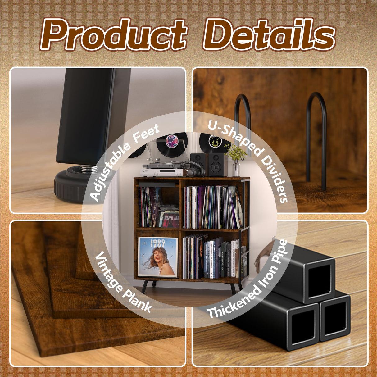 3 Tier Record Player Stand, Flip Top Record Player Cabinet, Mid Century Record Player Table with Shelves Holds up to 300+ Albums, Vinyl Record Storage with 4 U-Dividers for Living Room Bedroom, Brown Faesun