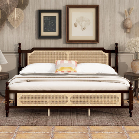 KEIKI King Size Wood Platform Bed Frame with Rattan Headboard ＆ Footboard, Modern Bed with Under-Bed Storage ＆ Central Support Feet, Slats, Easy Assembly, No Box Spring Required, for Bedroom, Espresso KEIKI