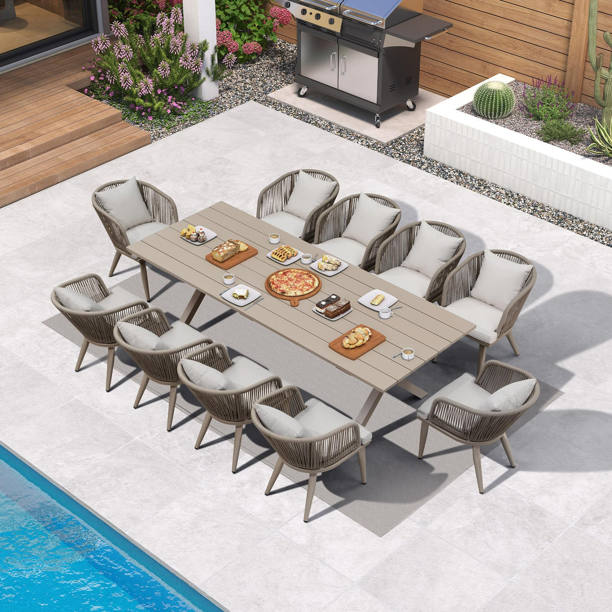 PURPLE LEAF 11 Pieces Patio Dining Set Wicker Outdoor Furniture Rectangular Table and Chairs Set for Garden Deck Aluminum Frame Backyard Kitchen Set, Cushions and Pillows Included Champagne PURPLE LEAF