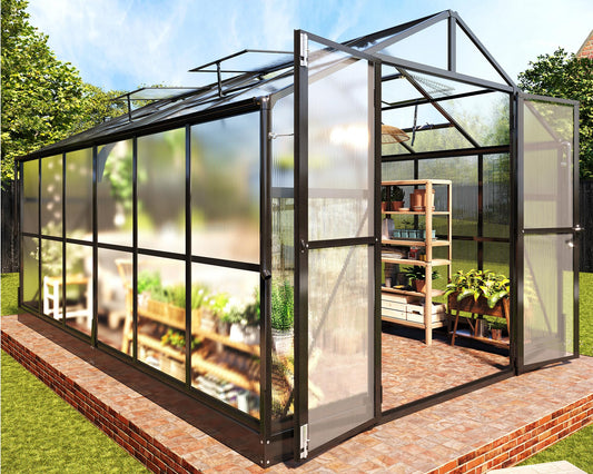 PaPaJet 8x12 FT Polycarbonate Greenhouse with Quick-Connect Fittings, Walk-in Large Aluminum Greenhouse with 2 Swing Doors, Winter Greenhouse for Outdoors Black