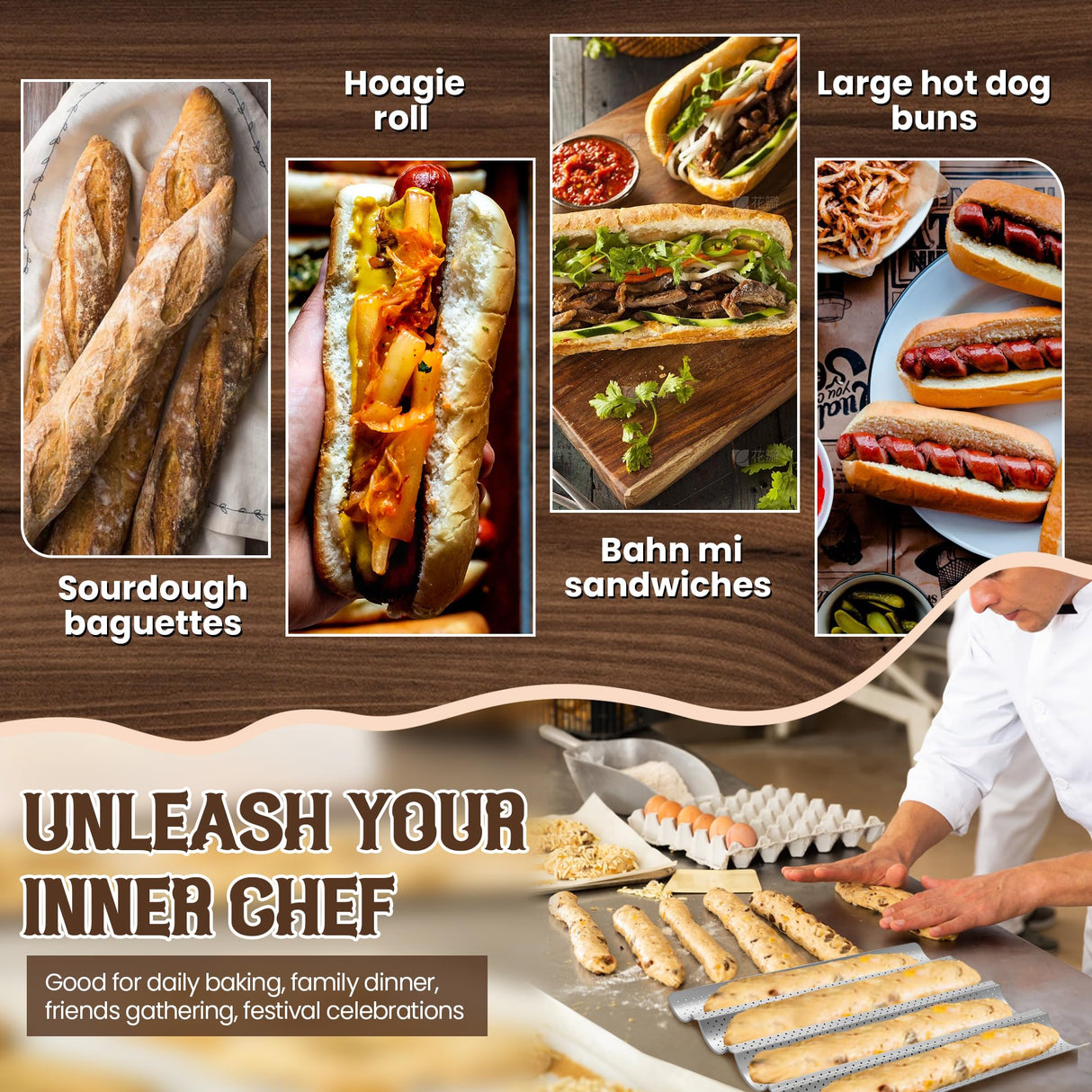 Pavsrmy Baguette Bread Pan, Premium Nonstick Perforated Baguette Pan for French Bread Baking, 4 Loaves Baguette Baking Tray for Sourdough, Italian Bread, Perfect for Creating Crisp Golden-Brown Crust Pavsrmy