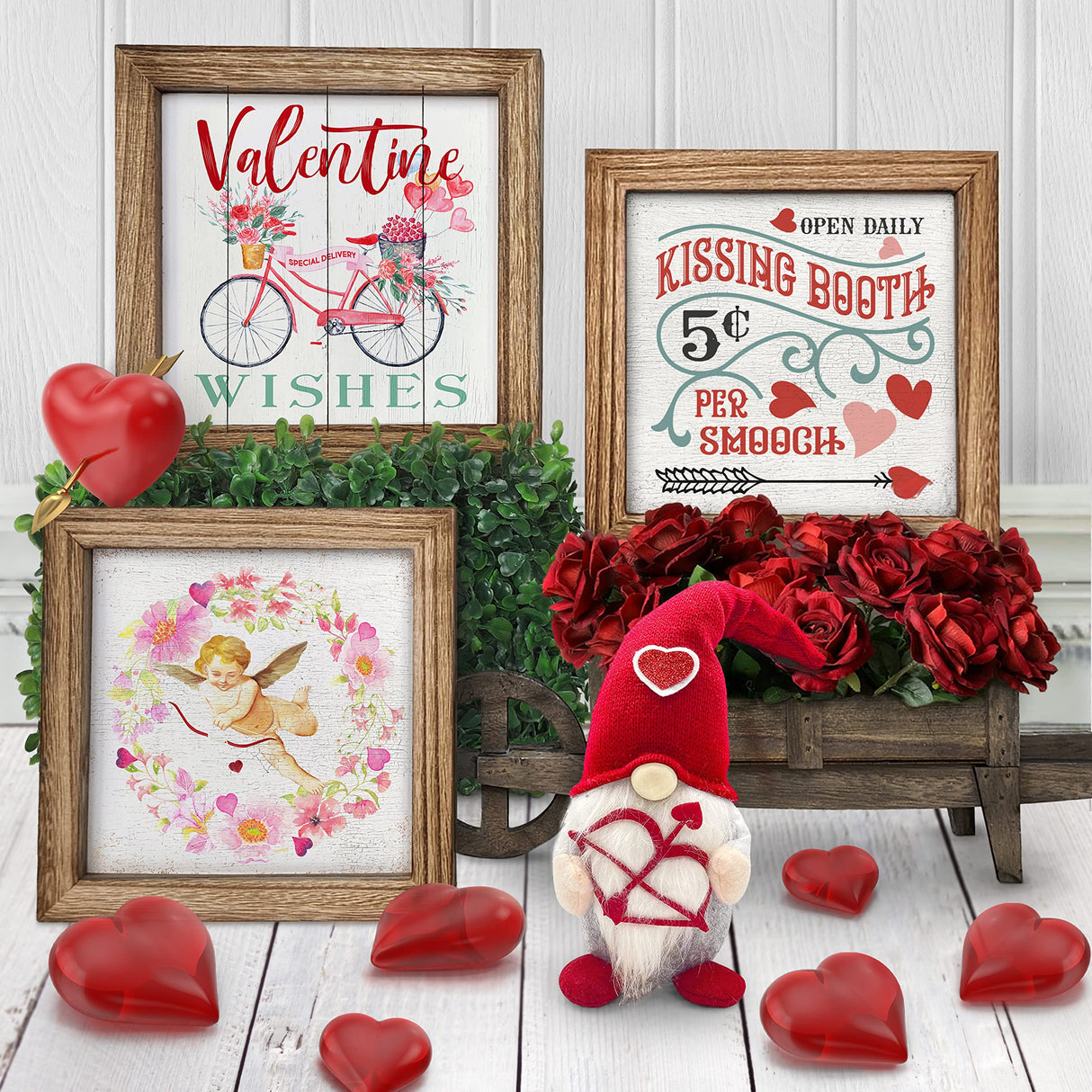 Set of 3 Rustic Wood Frames for Tiered Tray Decor - 36 Interchangeable Seasonal Home Signs for Valentines, St Patrick's Day, All Seasons, 7x7 in Parallel Decor