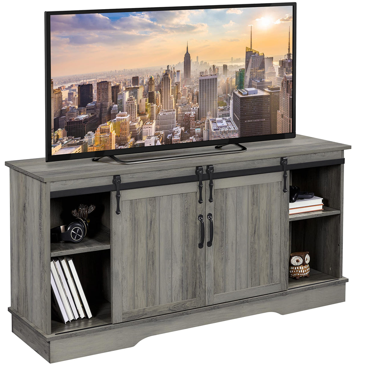 Yaheetech Farmhouse TV Stand for 65'' TV, Wooden Tall Entertainment Center with Sliding Barn Door & Height Adjustable Shelves for Living Room, Grey Wash Yaheetech