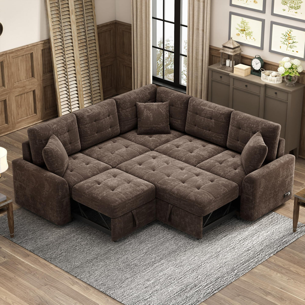 Merax Sofa Bed Sleeper Couch L Shaped Sofa with Pillows and USB Ports, L-Shape Sectional Couch with Comfortable Backrest and Power Sockets for Living Room and Small Apartment (Brown) Merax