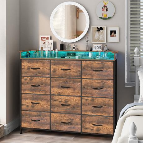 Welfuturer Dresser for Bedroom with 12 Drawers Clothes Dresser with Charging Station and LED Light Fabric Storage Tower for Living Room Hallway Closet Sturdy Steel Frame Wooden Top Rustic Brown Welfuturer