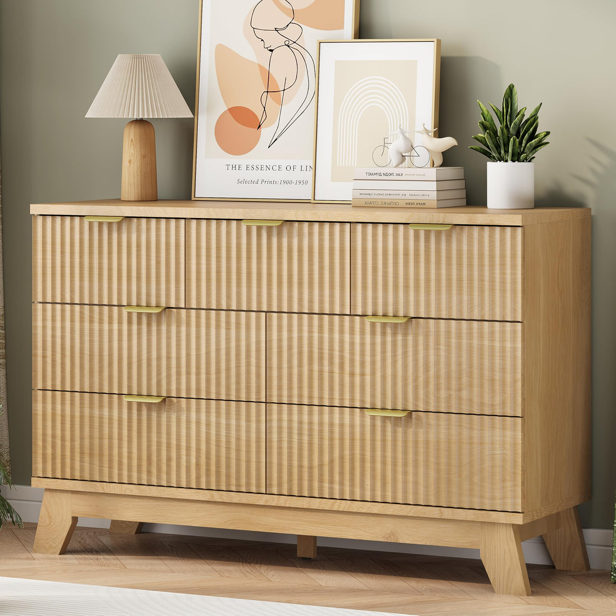 Fluted Dresser for Bedroom with 7 Drawers, 48" Wide Modern Chest of Drawers with Metal Handle, Wood Dresser TV Stand, Wooden Closet Clothes Storage Organizer for Living Room, Hallway, Natural Oak Xixini