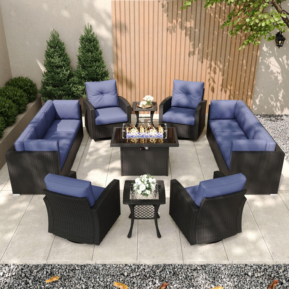 KHOLH Patio Furniture Set with Fire Pit Table, 13 Pieces Outdoor All-Weather Wicker Conversation Sectional Chair Sofa Set with 4 Swivel Chairs KHOLH