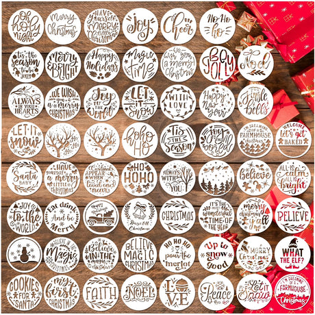 60pcs Christmas Stencils for Painting on Wood 3 Inch Small Nativity Ornament Reusable Holiday Xmas Drawing Stencil Templates for Wood DIY Crafts Card Paper Gift Home (Christmas Word) Hosomono