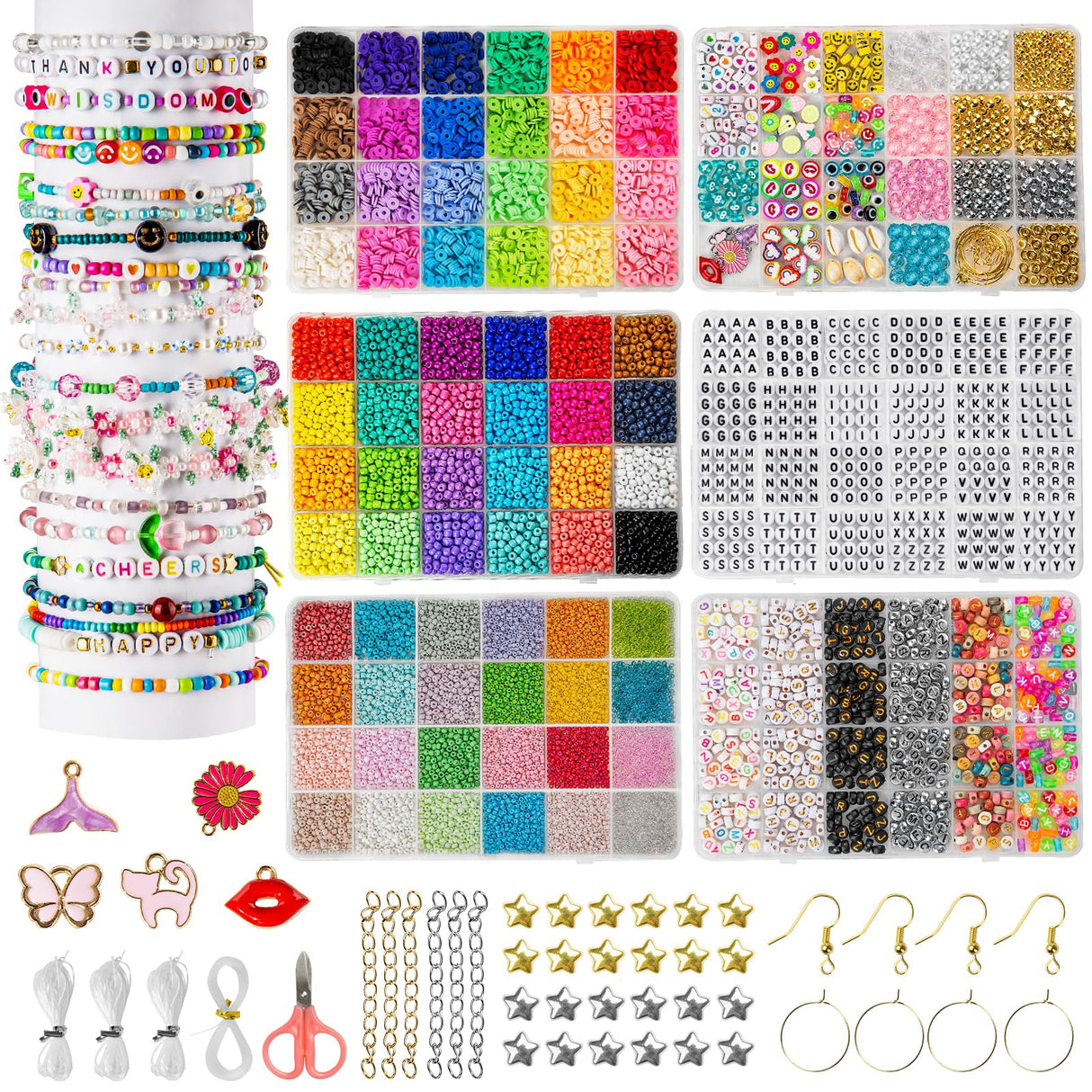 Goldwise Friendship Bracelet Kit for Girls, 16000 pcs with Seed Beads (2/3/4mm), Clay Beads, 7 Styles Letter Beads (A-Z), Variety of Charms, DIY Jewelry Making Crafts, Kids Toy for Ages 6+ Goldwise
