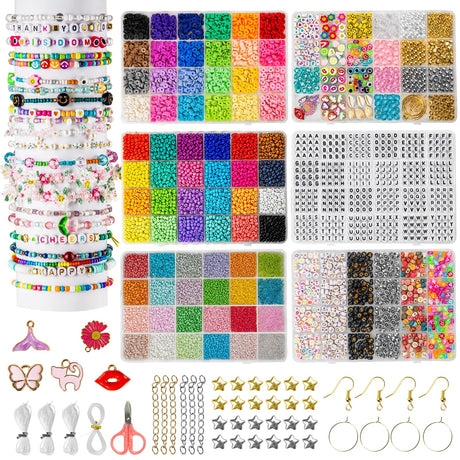 Goldwise Friendship Bracelet Kit for Girls, 16000 pcs with Seed Beads (2/3/4mm), Clay Beads, 7 Styles Letter Beads (A-Z), Variety of Charms, DIY Jewelry Making Crafts, Kids Toy for Ages 6+ Goldwise