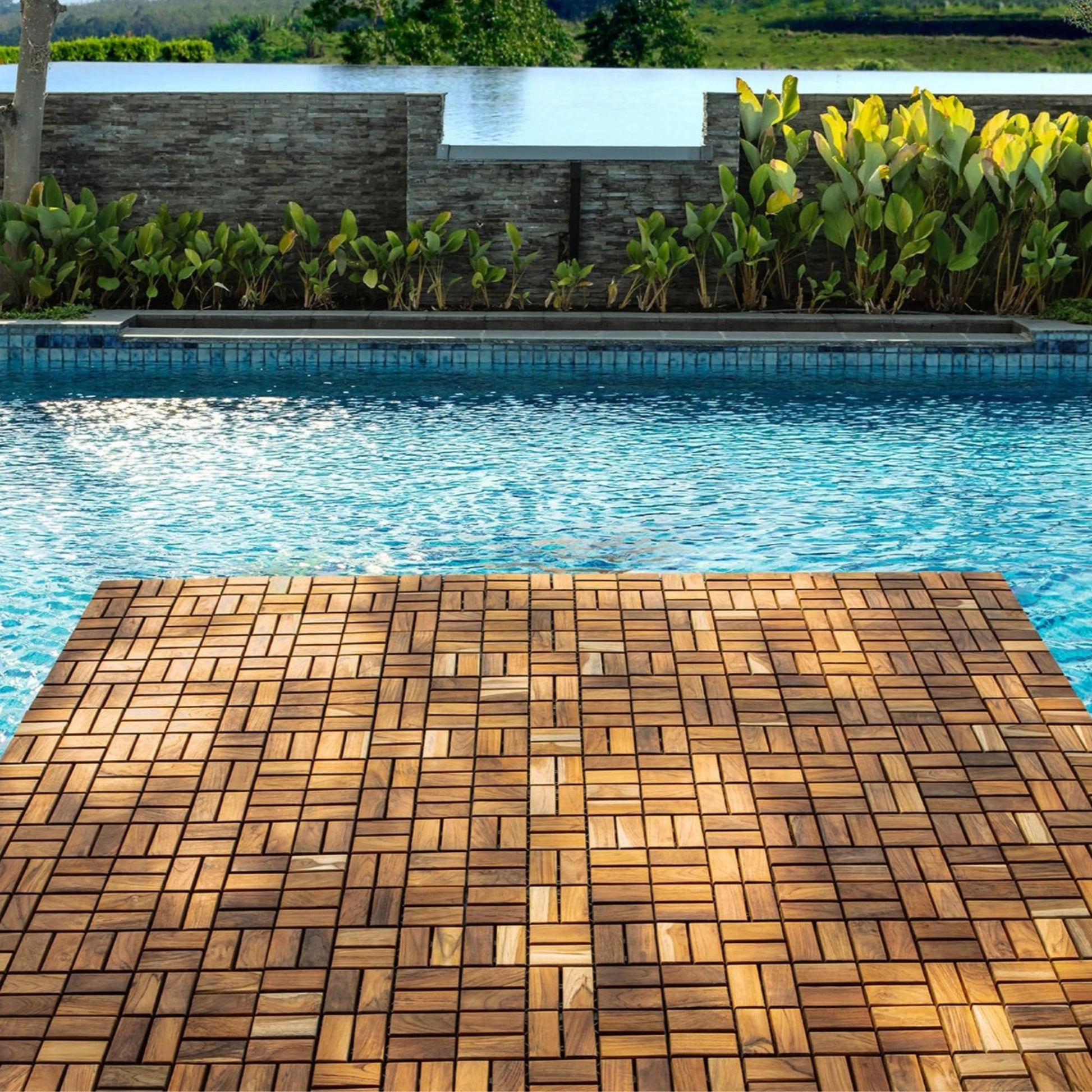 Nordic Style Teak Interlocking Tiles - Wooden Floor Tile Set for Indoor and Outdoor Use - Perfect for Sauna, Patio, Deck, Spa Floors - 10 Square Feet (12" x 12" - 18 Slat Design, Oiled Finish - WoodArtSupply