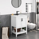 Yaheetech 24" Modern Bathroom Vanity with Sink, Bathroom Sink Cabinet with Rectangular Ceramic Basin, Bathroom Vanities Cabinet with 2 Doors and 1 Open Shelf, White Yaheetech