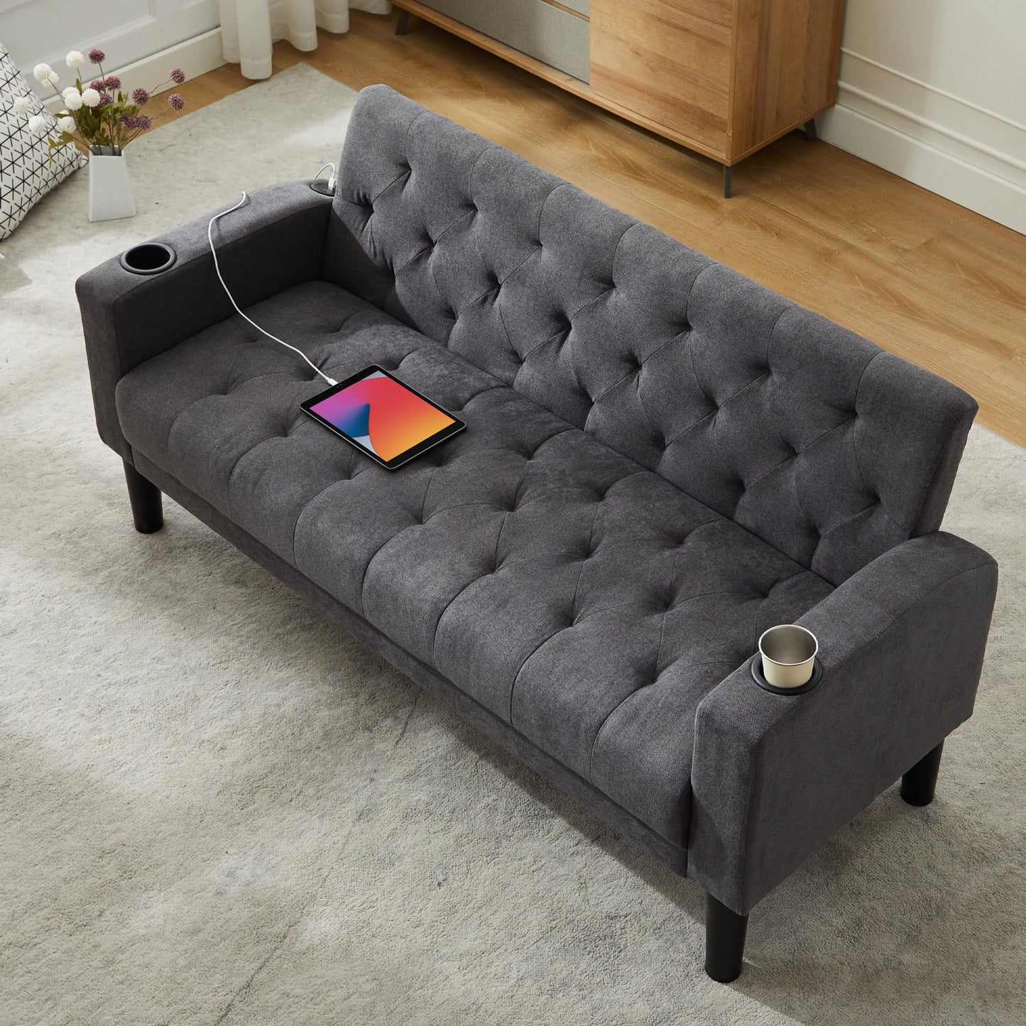 TYBOATLE Mid-Century Modern Tufted Loveseat Sofa w/ 2 USB Charger Ports and 2 Cupholders, Linen Fabric Small Love Seat Couches for Compact Living Room, Bedroom, Apartment, Dorm, 62" W (Dark Grey)