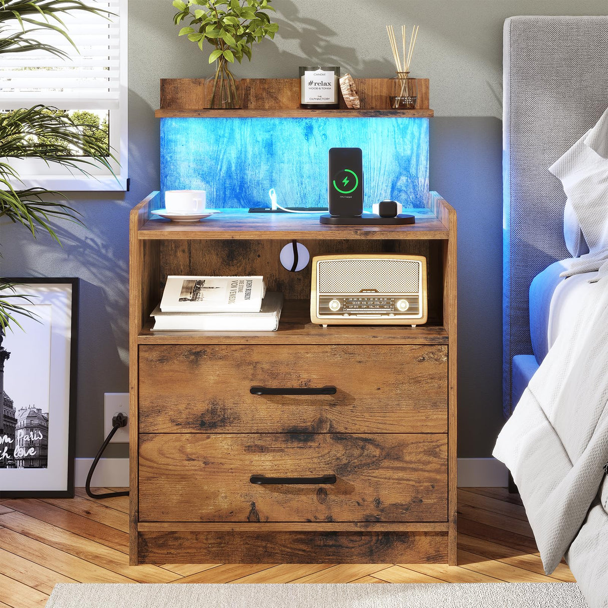 Night Stand, Nightstand with Charging Station, LED Bedside Table with Drawers and Storage Shelf, Modern Wood End Table Side Table for Bedroom, Rustic Brown MONECHO