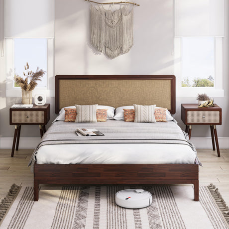 Bme Nipe Queen 14 Inch Bohemian Bed Frame with Adjustable Woven Headboard - Rustic & Vintage Unique Style with Acacia Wood - No Box Spring Needed - Easy Assembly - Walnut Bme