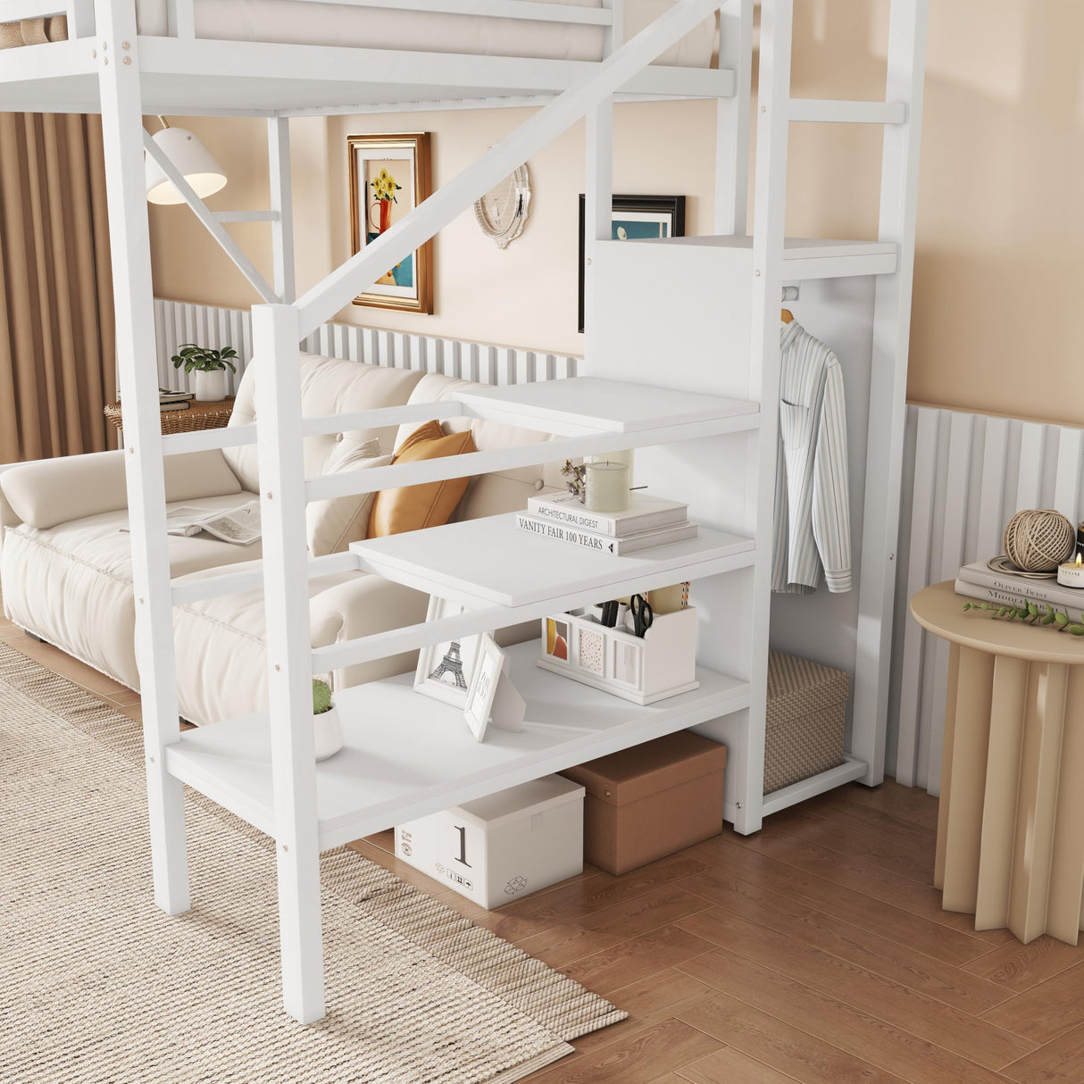 KEIKI Twin Size Metal Loft Bed Frame with Convertible Staircase, Built-in Storage Shelves & Wardrobe, Loft Bed with Solid Slats & Guardrail, No Box Spring Required, Easy Assembly, for Bedroom, White KEIKI