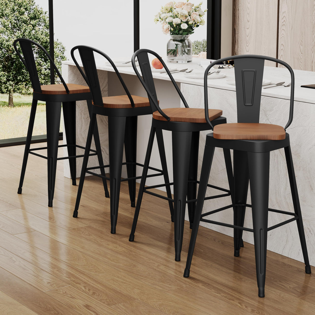 Aklaus Swivel Metal Bar Stools 24 inch Swivel Counter Height Barstools Set of 2 Modern Farmhouse Bar Chairs with High Backs and Large Wooden Seat for Kitchen Island Dining Room Matte Black Aklaus