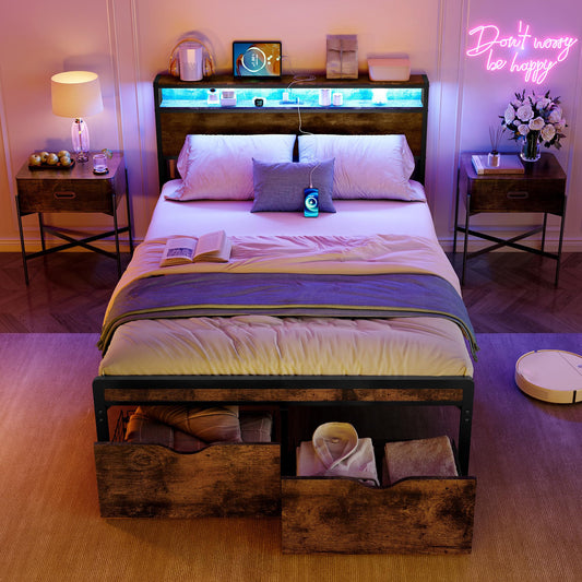 FAVOOSTY Vintage Brown Full Size Bed Frame with LED Light, Charging Station, and Storage Drawers - WoodArtSupply