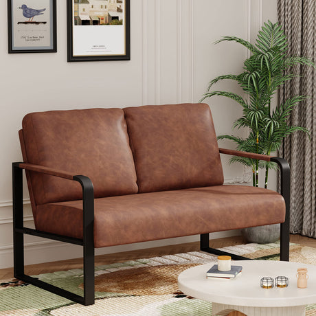 POINTANT Love Seat Mini Couch Small Settee Loveseat Bench for Living Room, Faux Leather Loveseat Sofa Small Sofa Couches for Small Spaces with Padded Cushion, Mid Century Modern Dark Brown Love Seats POINTANT
