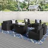 Vakollia 8 Pieces Patio Furniture Set with 44" Propane Gas Fire Pit Table, Outdoor Sectional Wicker Conversation Sofa Sets with Coffee Table Vakollia