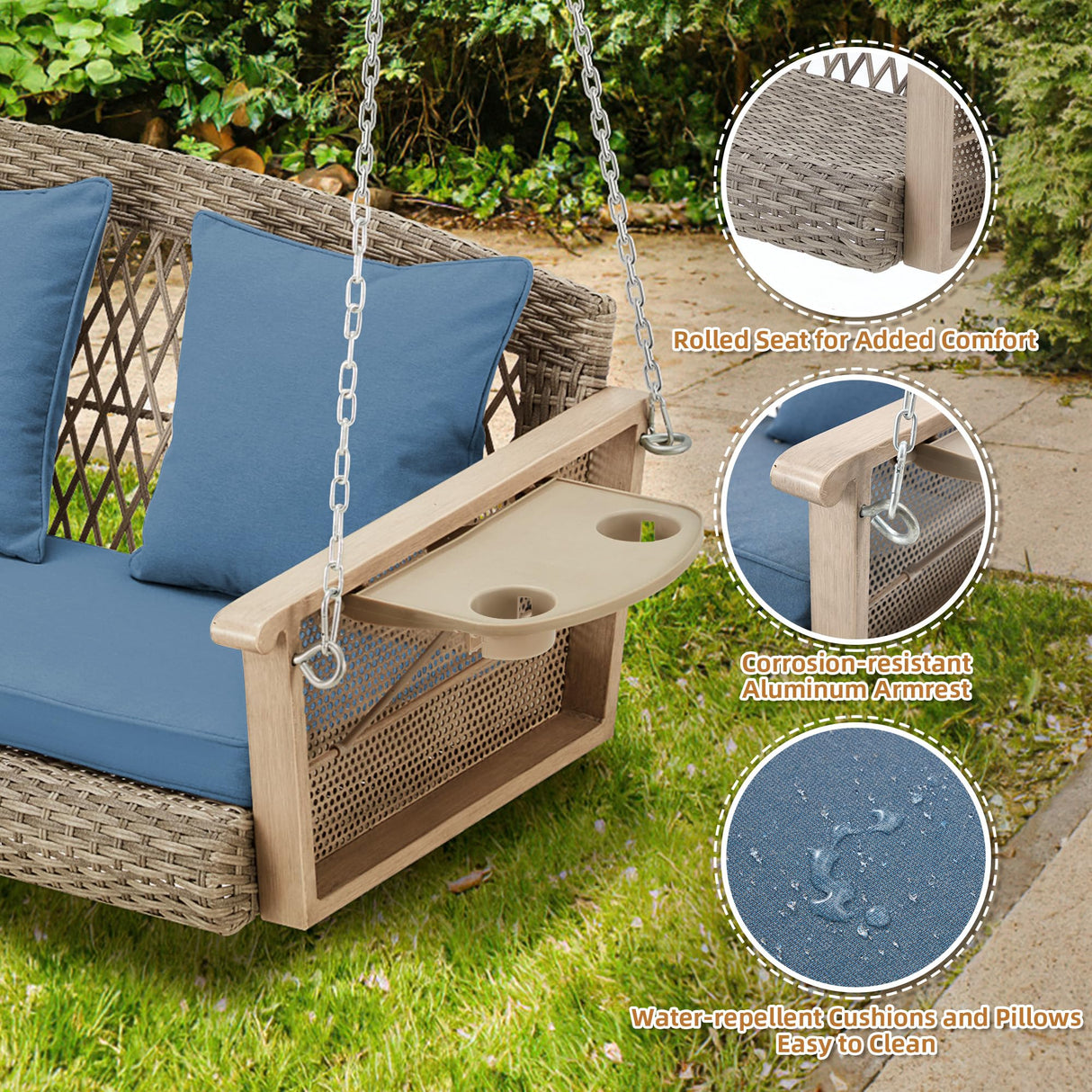 HOMREST 3-Person Porch Swing 55in Wicker Hanging Swing Bench with Cushions Cupholders Swing Chair with Chains 800lbs Capacity for Deck Garden Backyard HOMREST