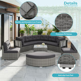 NCKMYB Half Moon Patio Furniture Set 9 Pieces - Outdoor Modular Couch Rattan Daybed Sectional with Tempered Glass Table, Weather-Resistant Iron Frame & Cushions - Grey NCKMYB