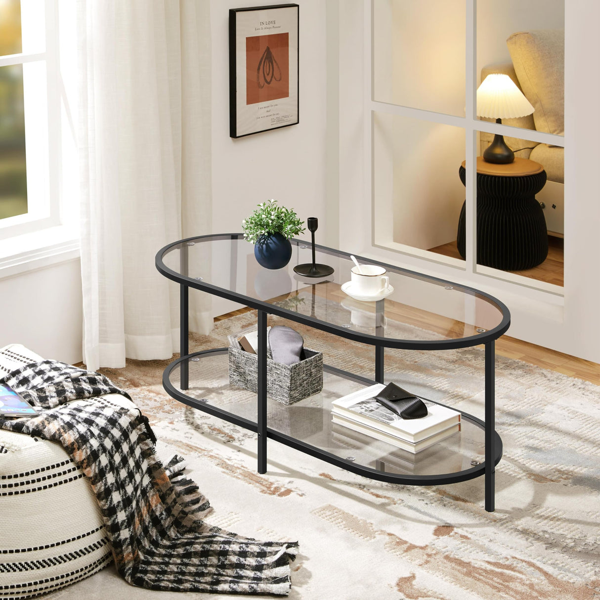 Yaheetech Glass Coffee Table, Black Small Center Table with Storage Shelf for Living Room Small Space, Apartment Yaheetech