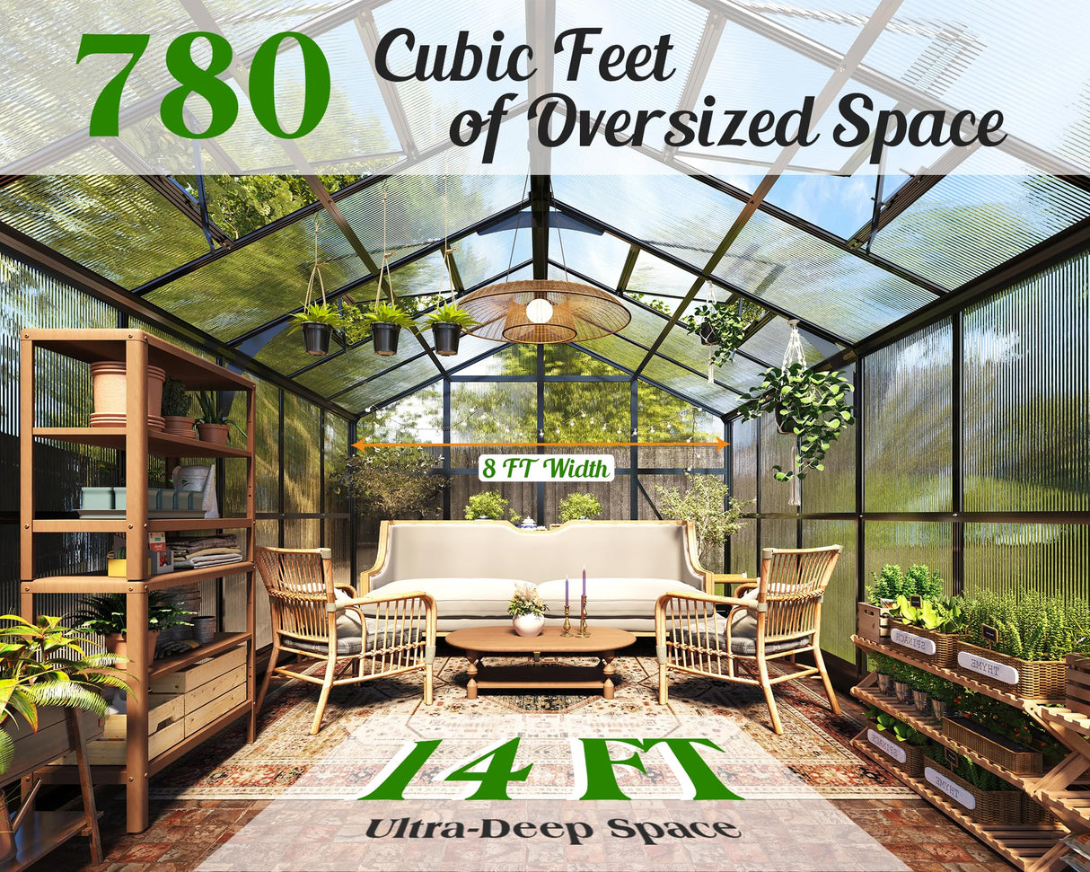PaPaJet 8x14 FT Polycarbonate Greenhouse with Quick-Connect Fittings, Walk-in Large Aluminum Greenhouse with 2 Swing Doors, Winter Greenhouse for Outdoors Black PaPaJet