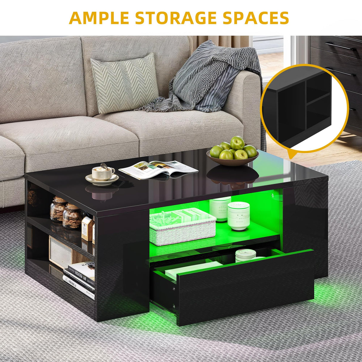 DWVO LED Modern Coffee Tables for Living Room, High Gloss Black Coffee Table with Storage, Small Wood Center Coffee Table with Open Side Shelf and 2 Sliding Drawers, Black DWVO