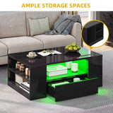 DWVO LED Modern Coffee Tables for Living Room, High Gloss Black Coffee Table with Storage, Small Wood Center Coffee Table with Open Side Shelf and 2 Sliding Drawers, Black DWVO
