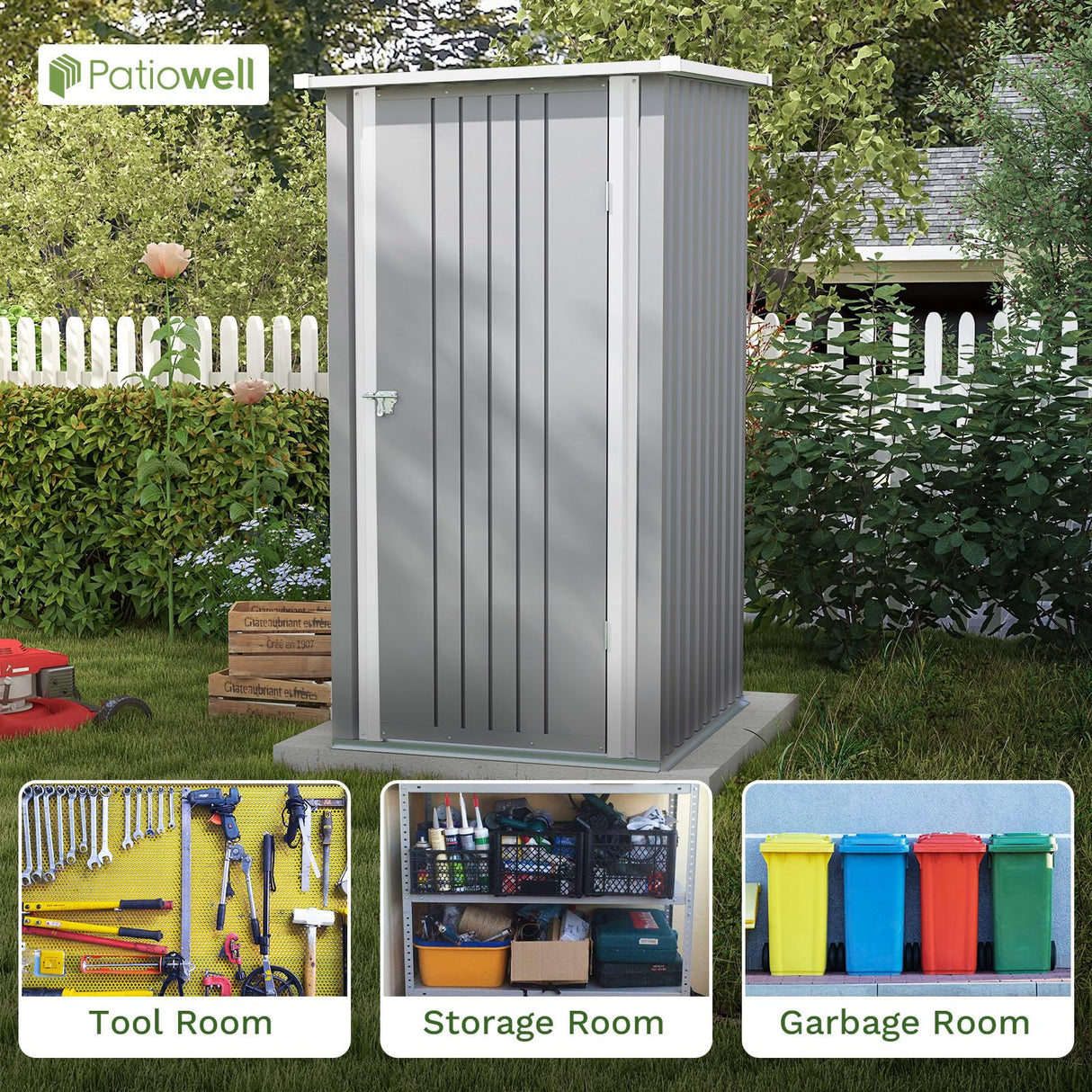 Patiowell 3 x 3 FT Outdoor Storage Shed,Small Garden Tool Storage Shed with Sloping Roof and Single Lockable Door, Outdoor Shed for Backyard Garden Patio Lawn, Grey Patiowell