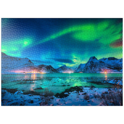 MyPuzzle Aurora Borealis Over Sea Coast, Lights at Night. Northern Lights On Lofoten Islands, Norway - Premium 1000 Piece Jigsaw Puzzle for Adults