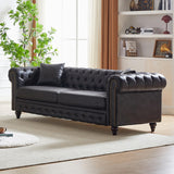 KEIKI Chesterfield Sofa, Retro Style Upholstered 3 Seater Tech Fabric Couch with Rolled Arm for Living Room Bedroom Office, Black KEIKI