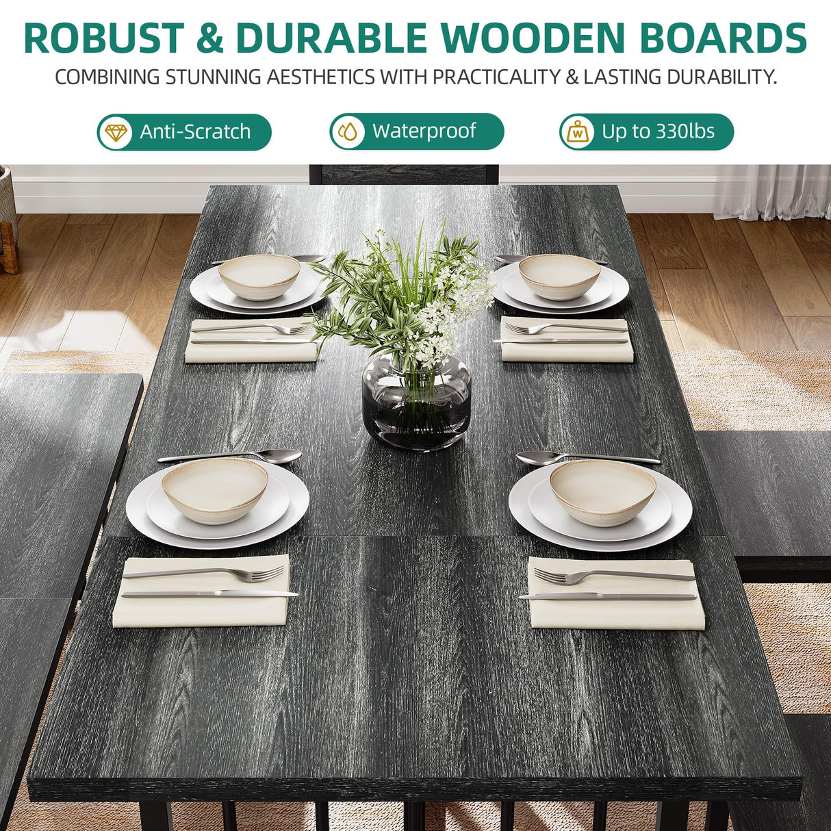 YITAHOME 6-Piece Dining Table Set for 6-8 People, 63 Inch Kitchen Table Set with 4 Chairs and 2 Benches, Farmhouse Rectangular Dining Room Table Set for Kitchen Apartment Saving Space, Dark Grey YITAHOME