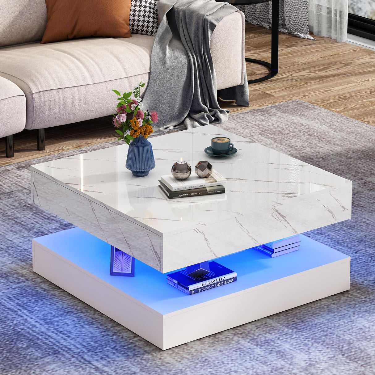 jiteentarou 33.9" LED Coffee Table with Storage, Modern High Glossy Living Room Table w/2 Drawers,Double-Layer Design Large Square Center Table for Living Room, Home, Office, White Marble jiteentarou