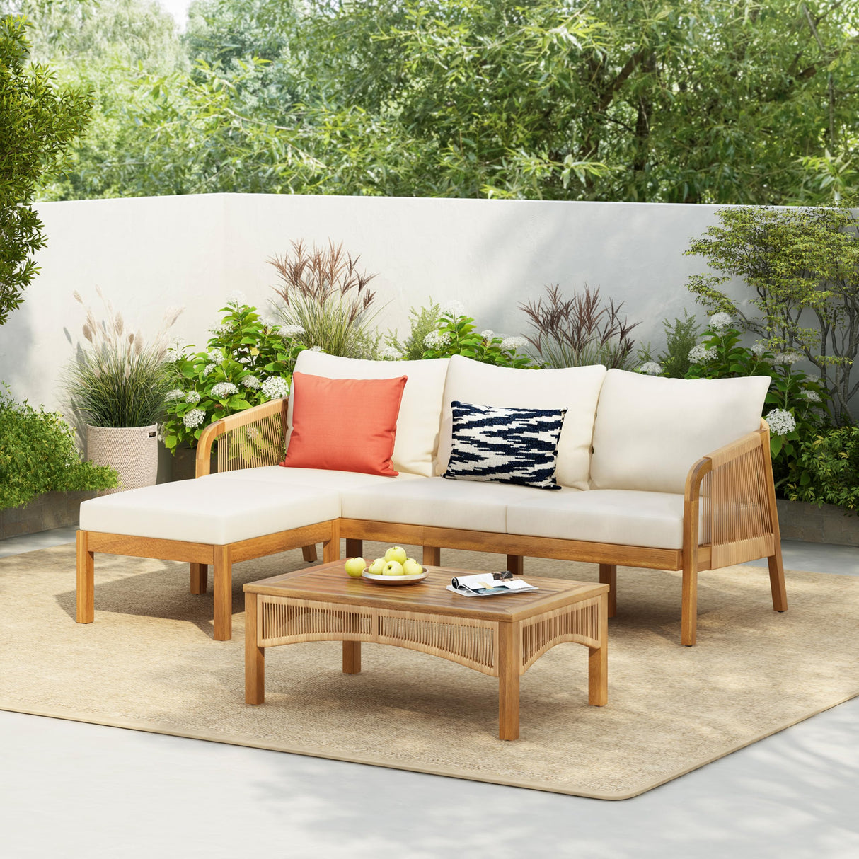 Merax 3-Pieces Outdoor Acacia Wood Patio Conversation Set, Outdoor Furniture Set with Coffee Table, Patio Sectional Sofa Set with Soft Cushion for Garden, Backyard, Balcony, Teak & Beige Merax