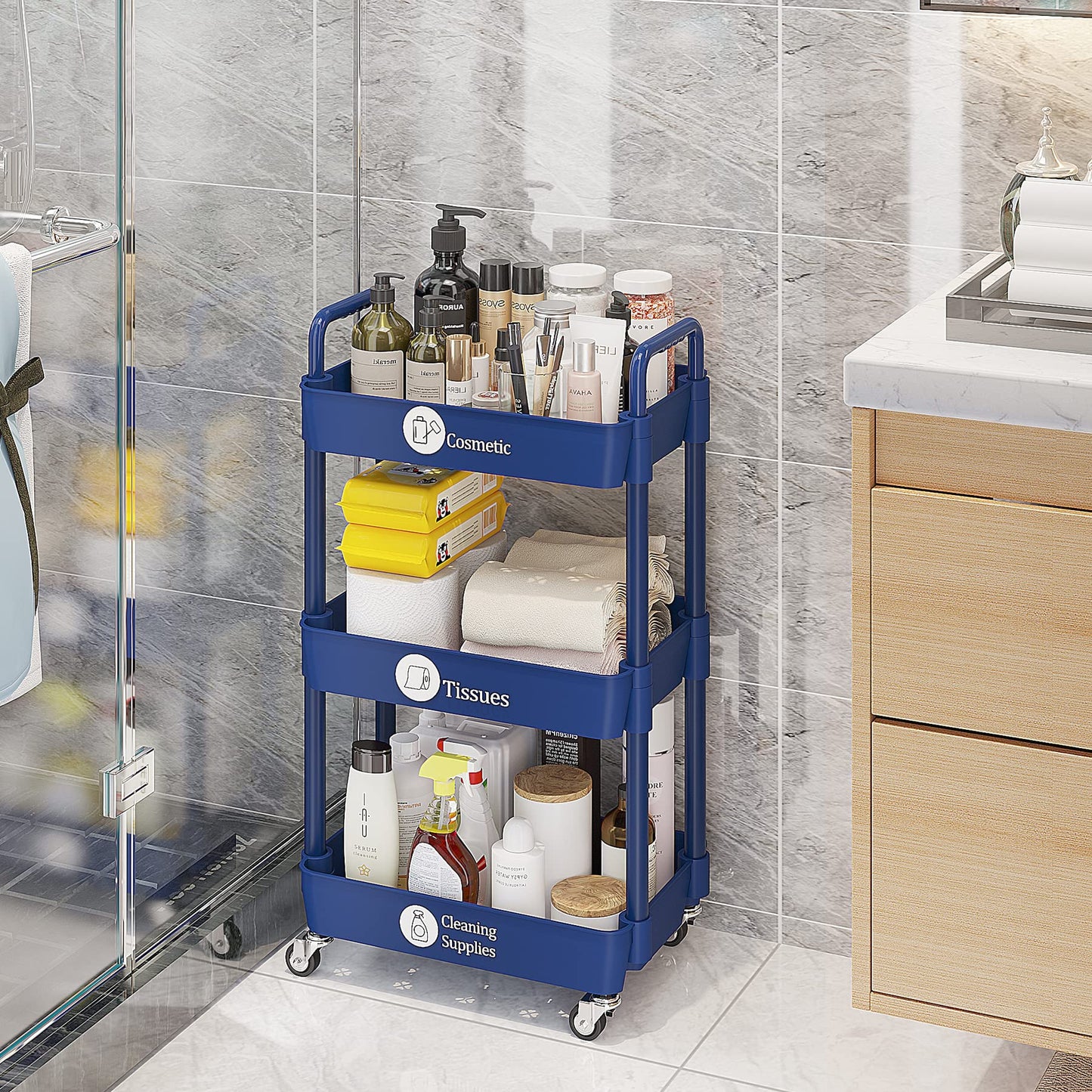 UDEAR 3-Tier Rolling Utility Cart with 12 Category Labels,Multifunctional Storage Shelves with Handle and Lockable Wheels for Room,Office,Kitchen,Bathroom,Blue