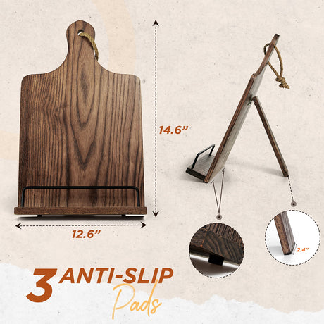 FANATU Cookbook Stand, Rustic Wood Cookbook Holder Cutting Board Style, Adjustable Recipe Ipad Tablet Book Holder and Stand for Kitchen with Anti-Slip Kickstand (Dark Brown) FANATU
