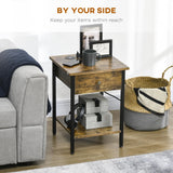 HOMCOM Side Table with Wireless Charging Station and 2 USB Ports, 2-Tier Small End Table with Storage, Drawer for Living Room, Rustic Brown HOMCOM
