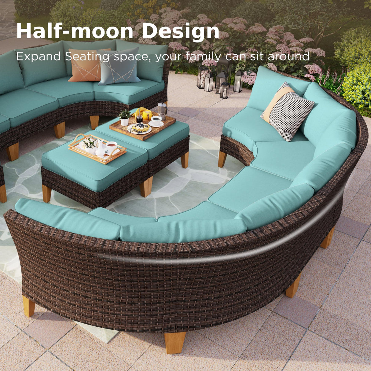PHI VILLA 6-Piece Wicker Patio Furniture Set with Fire Pit Table, Outdoor Half-Moon Curved Sectional Sofa with Cushions, 56” Gas Fire Pit Table and Ottomans, Aqua Blue PHI VILLA