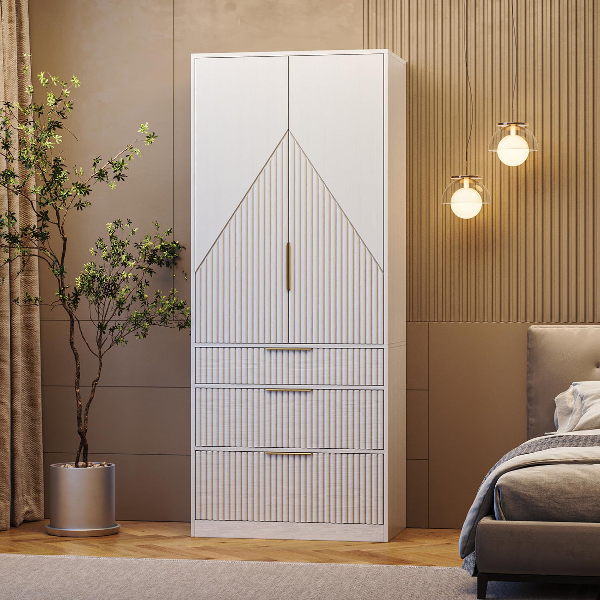 71.7" Wardrobe Armoire Wooden Closet with 2 Doors and 3 Drawers, Bedroom Armoire with Hanging Rod Shelf, Large Capacity Storage Wardrobe Armoire, Freestanding Wooden Closet Storage Cabinet White TOKSOM