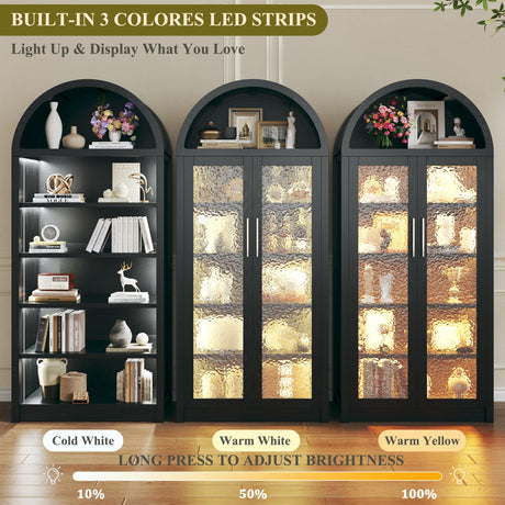 HUAHUU Arched Display Cabinet with Glass Doors, 6-Tier Curio Cabinet with 3 Color Lights for Collectibles, 71" Tall Glass Display Case with Adjustable Shelves, Storage Cabinet for Living Room, Black HUAHUU